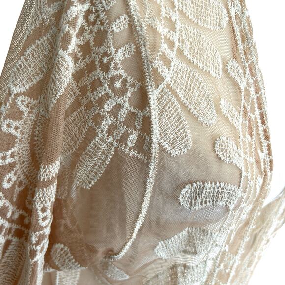 Rebellion Boho Open Duster Swim Cover Medium Tan Cream Floral Embroidery Sheer - Picture 8 of 16